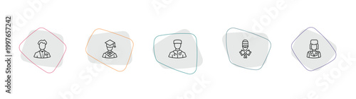 professions outline icon set. linear vector for ui, web and mobile. thin line clerk, graduated, surgeon icons.