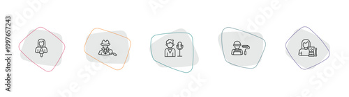 professions & jobs outline icon set. linear vector for ui, web and mobile. thin line journalist, detective, showman icons.