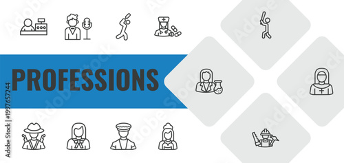 professions outline icon set. linear vector for ui, web and mobile. thin line cashier, showman, cricket player icons.
