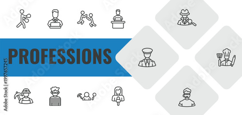 professions outline icon set. linear vector for ui, web and mobile. thin line boxer, programmer, wrestling icons.