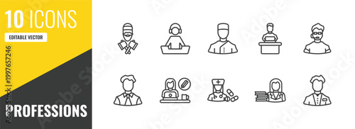 professions outline icon set. 10 linear vector for ui, web and mobile. thin line lumberjack, dj, concierge icons.