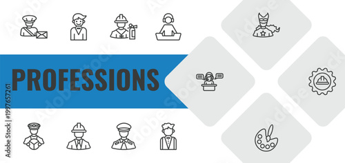 professions outline icon set. linear vector for ui, web and mobile. thin line postman, actor, fireman icons.