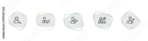 professions outline icon set. linear vector for ui, web and mobile. thin line hr specialist, marketing manager, judge icons.