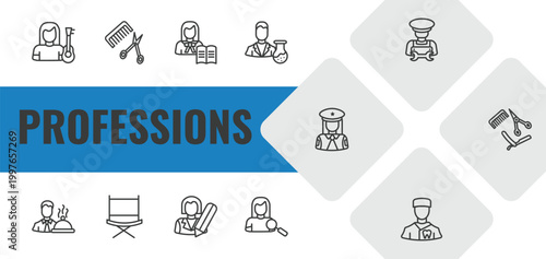 professions outline icon set. linear vector for ui, web and mobile. thin line guitar player, hairdresser, teacher icons.