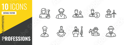professions outline icon set. 10 linear vector for ui, web and mobile. thin line guitar player, pensioner, waiter icons.