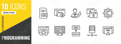 programming outline icon set. 10 linear vector for ui, web and mobile. thin line jsx, encripted file, seo growth icons.