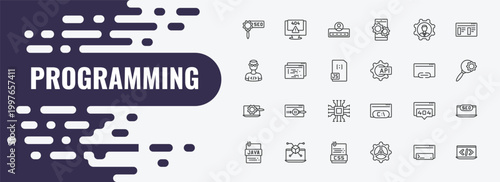 programming outline icon set. linear vector for ui, web and mobile. thin line program error, login, seo management icons.