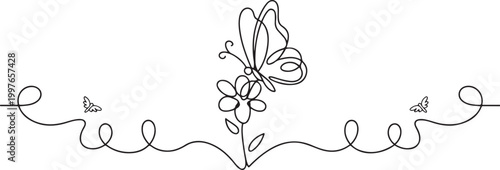 One continuous line drawing of butterfly with flower. Thin curl border and flying wing symbol in simple linear style.one line vector illustration on white background