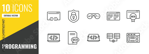 programming outline icon set. 10 linear vector for ui, web and mobile. thin line hyperlink, encryption, console icons.