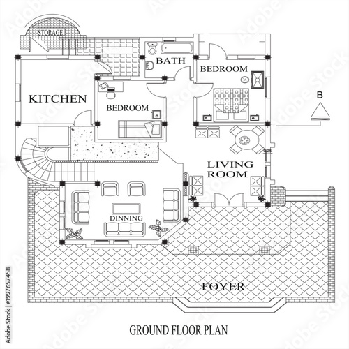 Detailed ground floor plan of a house with labeled rooms and areas