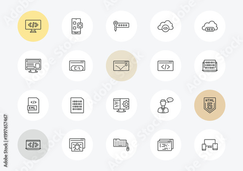 programming outline icon set. linear vector for ui, web and mobile. thin line seo tags, program interface, xml icons.