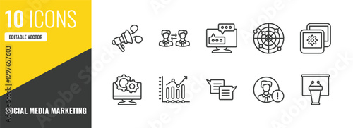 social media marketing outline icon set. 10 linear vector for ui, web and mobile. thin line announcement, partner, flats icons.