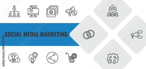 social media marketing outline icon set. linear vector for ui, web and mobile. thin line path, color, photos icons.