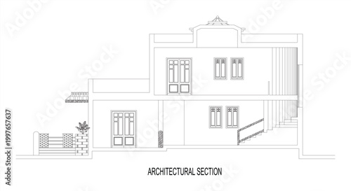 Detailed architectural section drawing of a modern house with multiple windows and staircase