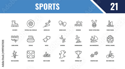 sports outline icon set. linear vector for ui, web and mobile. thin line football ball circular, fisher fishing, snowboarding icons.