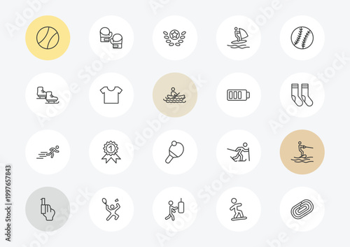 sports outline icon set. linear vector for ui, web and mobile. thin line tennis sport ball, ice skates, man sprinting icons.