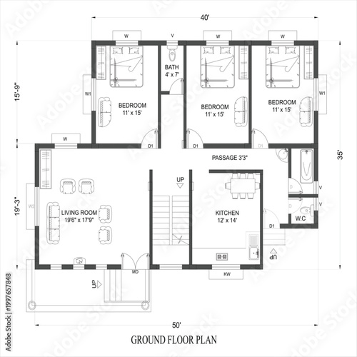 Ground floor plan of a modern house with three bedrooms and one bathroom