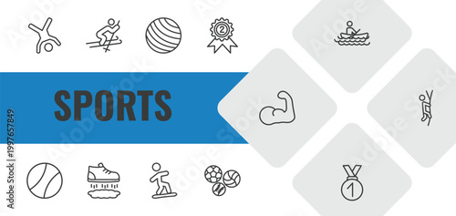 sports outline icon set. linear vector for ui, web and mobile. thin line cartwheel, skiing, exercise ball icons.