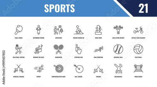 sports outline icon set. linear vector for ui, web and mobile. thin line motorbike riding, bicycle for children, man sprinting icons.