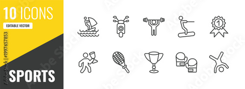sports outline icon set. 10 linear vector for ui, web and mobile. thin line windsurf sea, motor sports, weight lifting icons.