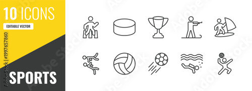 sports outline icon set. 10 linear vector for ui, web and mobile. thin line pedestrian walking, hockey puck, trophy icons.