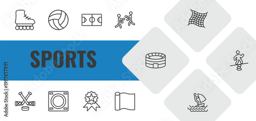 sports outline icon set. linear vector for ui, web and mobile. thin line roller skate, volleyball ball, soccer field icons.