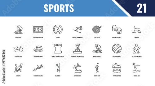 sports outline icon set. linear vector for ui, web and mobile. thin line football pitch, skibob, windsurf sea icons.