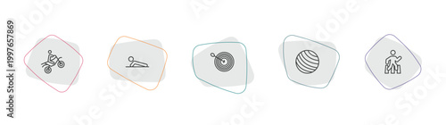 sports outline icon set. linear vector for ui, web and mobile. thin line motocross, man doing pushups, dartboard with dart icons.