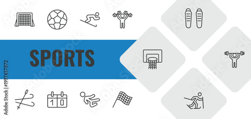 sports outline icon set. linear vector for ui, web and mobile. thin line hockey goal, football, skiing down hill icons.