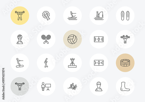 sports outline icon set. linear vector for ui, web and mobile. thin line weightlifter, basketball champion, water ski icons.
