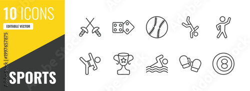 sports outline icon set. 10 linear vector for ui, web and mobile. thin line medieval fencing, board gaming, baseball icons.
