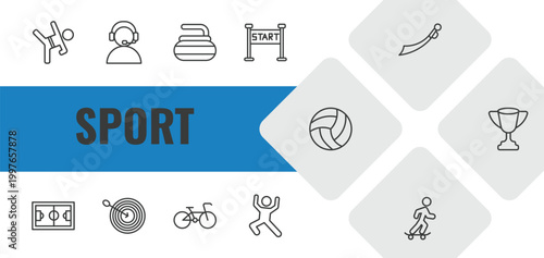 sport outline icon set. linear vector for ui, web and mobile. thin line wushu, commentator, curling icons.