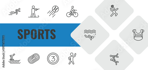 sports outline icon set. linear vector for ui, web and mobile. thin line man sprinting, biathlon, home run icons.