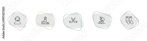 sports outline icon set. linear vector for ui, web and mobile. thin line commentator, podium, hockey icons.