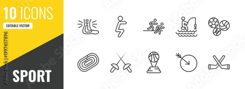 sport outline icon set. 10 linear vector for ui, web and mobile. thin line sprained ankle, squat, running a race icons.