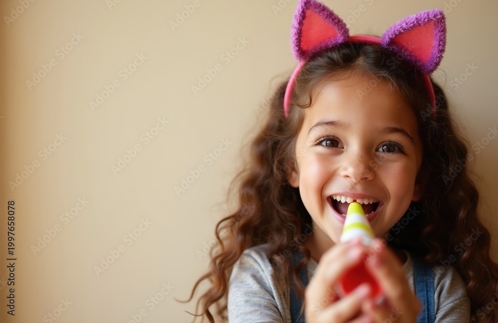 Fototapeta premium Smiling young girl with cat ears headband plays party horn. She celebrates birthday indoors with joy and happiness. Child makes noise, happy kid.