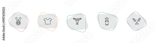 sports outline icon set. linear vector for ui, web and mobile. thin line weight lifting medal, short sleeves, weight lifting icons.