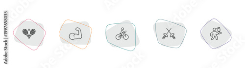 sports outline icon set. linear vector for ui, web and mobile. thin line tennis game, muscle, bicycle rider icons.