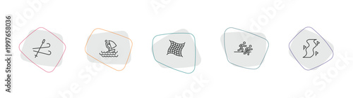 sports outline icon set. linear vector for ui, web and mobile. thin line ski, windsurf sea, fishing net icons.