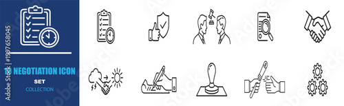 Negotiation icon set with 10 business line elements, professional contract and agreement symbols, corporate partnership and deal making vector collection