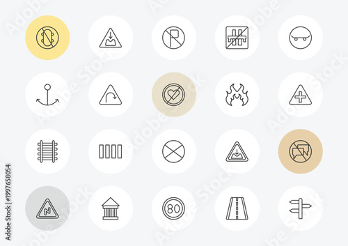 traffic signs outline icon set. linear vector for ui, web and mobile. thin line no skating, port, railway icons.