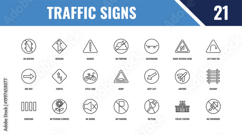 traffic signs outline icon set. linear vector for ui, web and mobile. thin line merging, left hair pin, keep left icons.