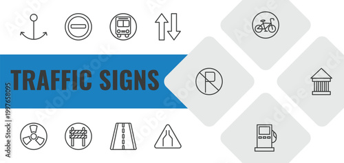 traffic signs outline icon set. linear vector for ui, web and mobile. thin line port, prohibited way, bus stop icons.