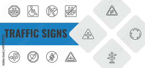 traffic signs outline icon set. linear vector for ui, web and mobile. thin line motorway, handicap, no turn right icons.