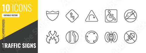 traffic signs outline icon set. 10 linear vector for ui, web and mobile. thin line highway, curves, left hair pin icons.