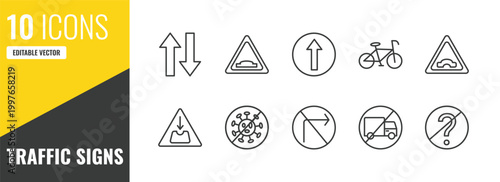 traffic signs outline icon set. 10 linear vector for ui, web and mobile. thin line two ways, hump, ahead only icons.