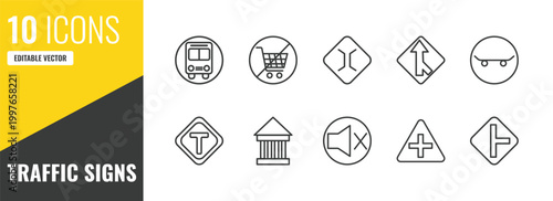 traffic signs outline icon set. 10 linear vector for ui, web and mobile. thin line bus stop, no shopping cart, narrow bridge icons.