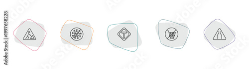traffic signs outline icon set. linear vector for ui, web and mobile. thin line road work, no virus, t junction icons.