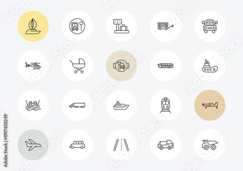 transportation outline icon set. linear vector for ui, web and mobile. thin line sailboat, helicopter profile, ferry icons.