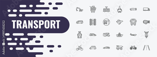 transport outline icon set. linear vector for ui, web and mobile. thin line cart with boxes, trolleybus, dirigible icons.